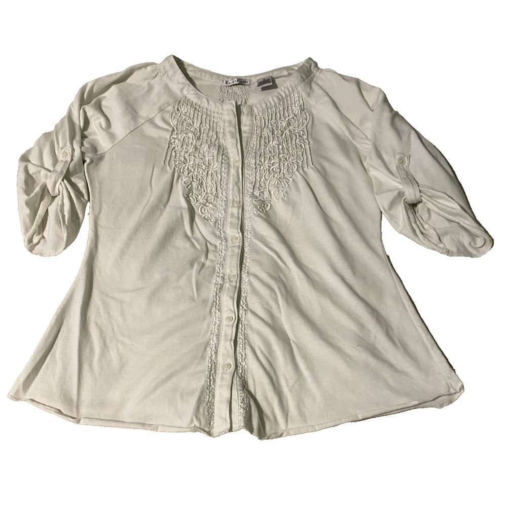 Katies Kloset Knit Top Womens Medium Cream Cotton Blend Roll Tab Sleeve Boho Top
